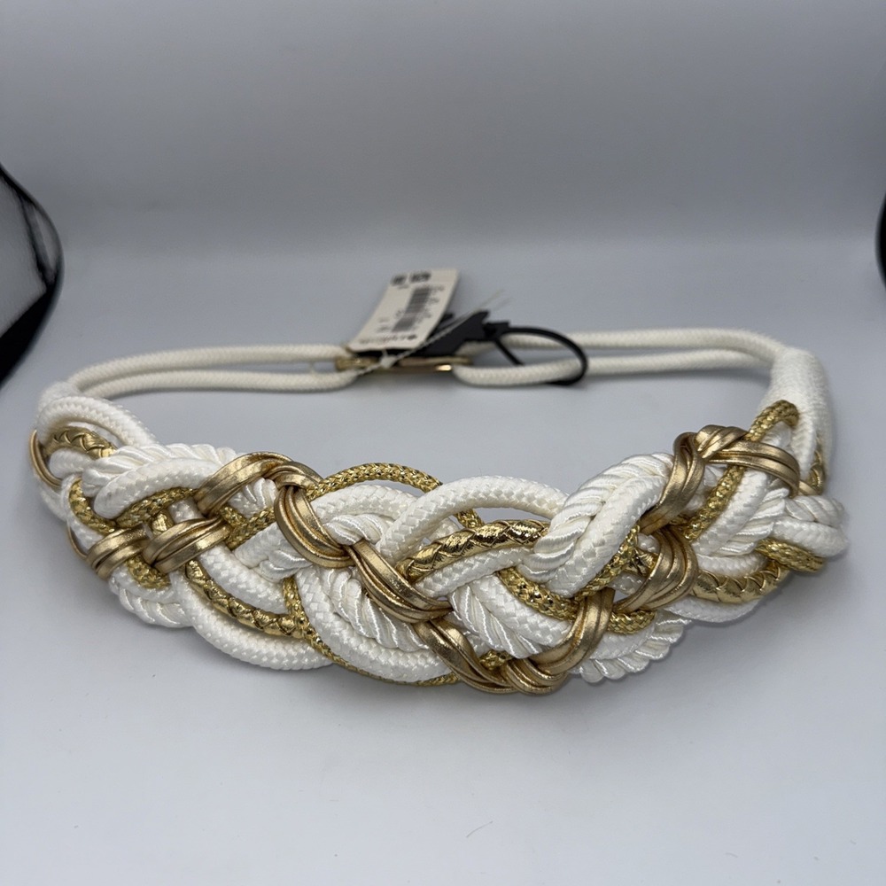 Vintage 1980's Braided Woven Rope Gold Belt Cream White Boho Beach Mermaid Small
